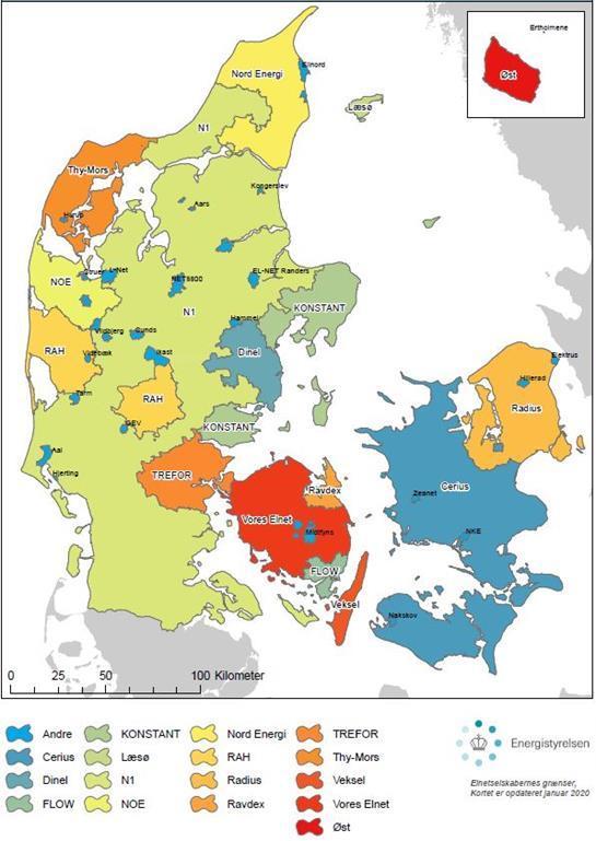 Übersichtskarte über die dänischen Stromnetzbetreiber